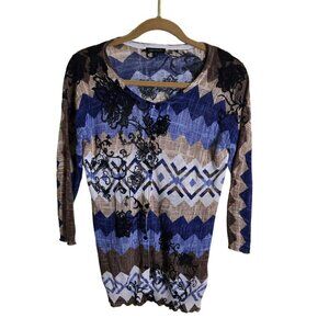 Leo Guy Paris Linen Cotton Lightweight Blue Pattern Cardigan Sweater Size S